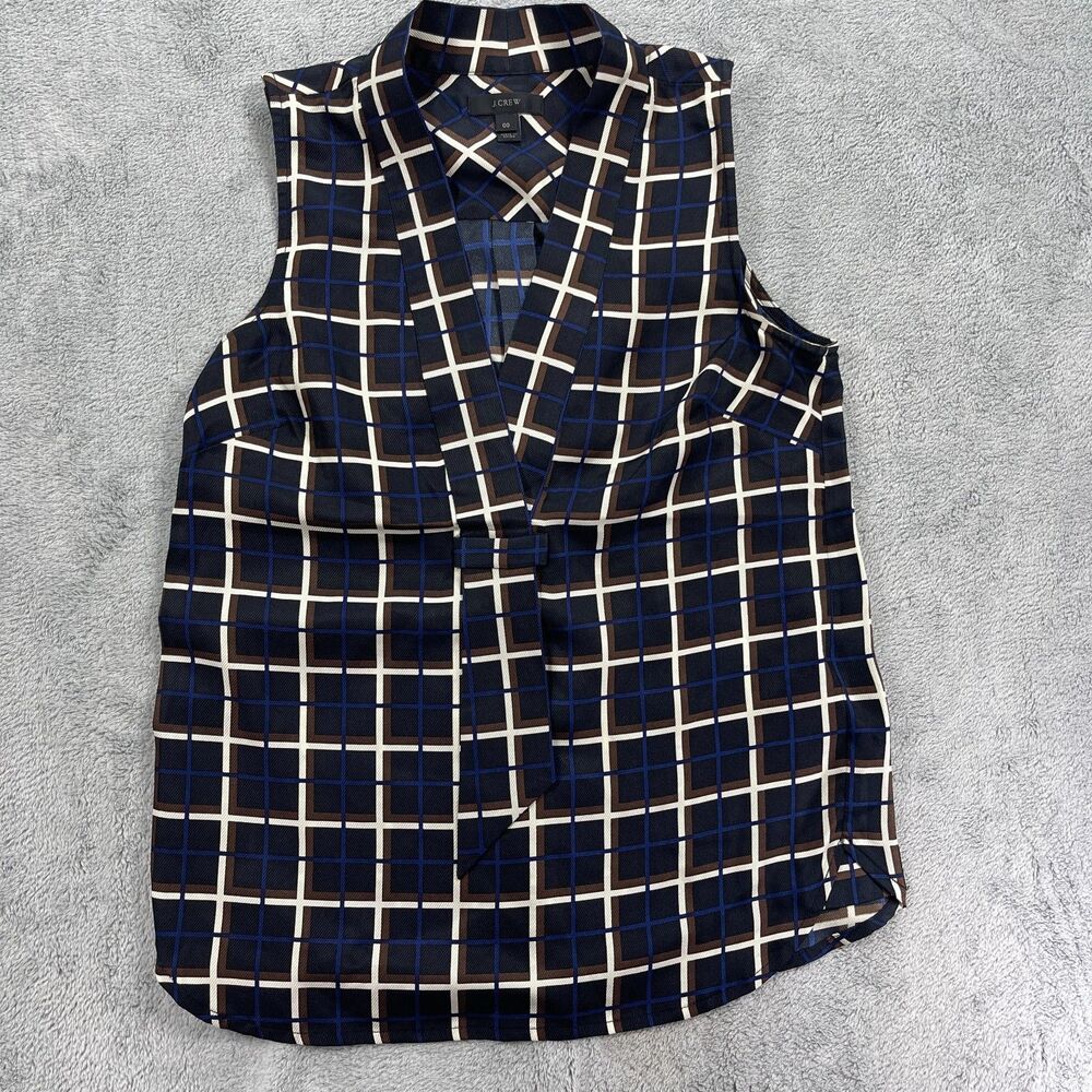 J.Crew Twill Top Womens‎ 00 Black Blue Plaid Windowpane Silk Sleeveless V-Neck